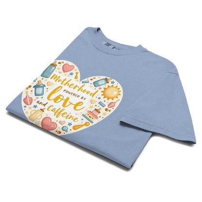 Blue t-shirt with a colorful heart design and text on a white background
