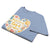 Blue t-shirt with a colorful heart design and text on a white background