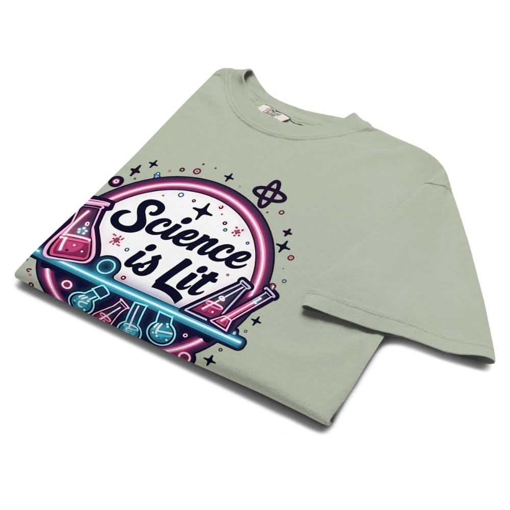 Light green t-shirt with 'Science is Lit' graphic design on a white background