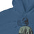 Blue hoodie with a graphic design on the back featuring text and a silhouette of a person.