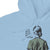 Light blue hoodie with a graphic of a person with a bun and text on the back, on a white background.