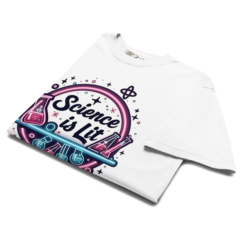 White t-shirt with 'Science is Lit' graphic design on a white background