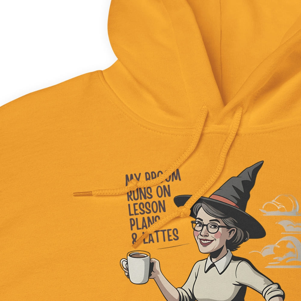 Yellow hoodie with a graphic of a person in a witch hat holding a coffee cup and text.