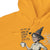 Yellow hoodie with a graphic of a person in a witch hat holding a coffee cup and text.
