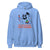 Light blue hoodie with a cartoon ghost holding a carrot, apple, and pen, and text 'You can't scare me I'm a teacher' on a white background.