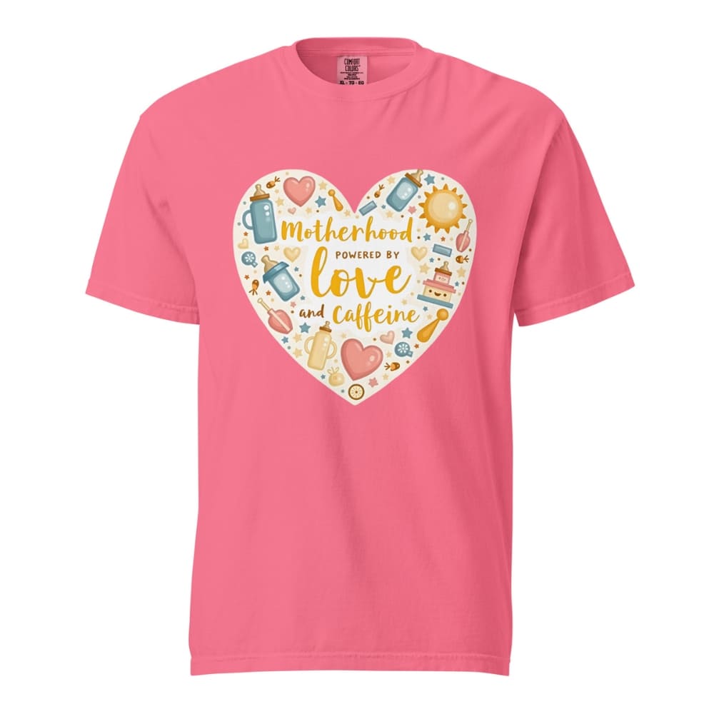 Pink t-shirt with a heart-shaped design featuring text and icons on a white background
