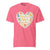 Pink t-shirt with a heart-shaped design featuring text and icons on a white background