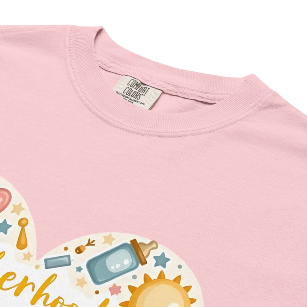Pink t-shirt with baby-themed graphics and 'Comfort Colors' label
