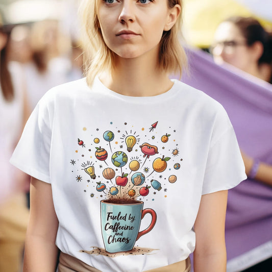 Person wearing a white t-shirt with a colorful graphic and text 'Fueled by Caffeine and Chaos'.