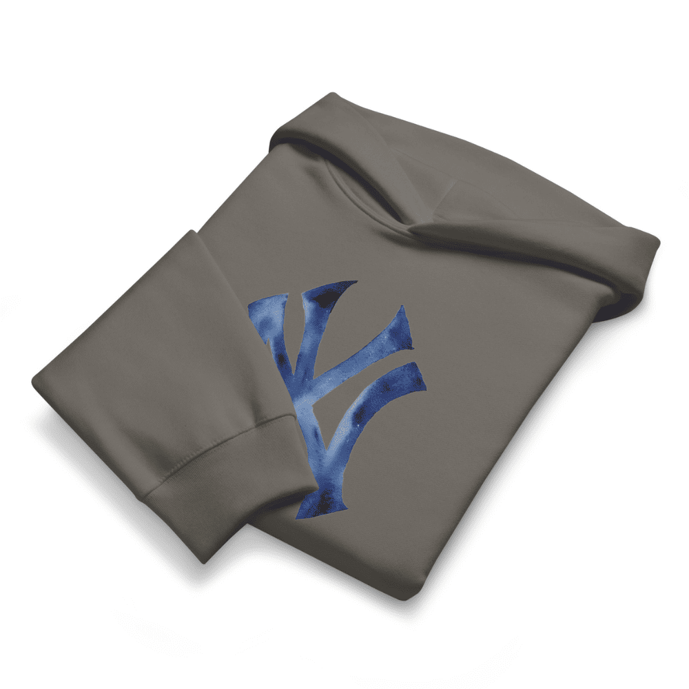 Gray sweatshirt with blue logo on a white background