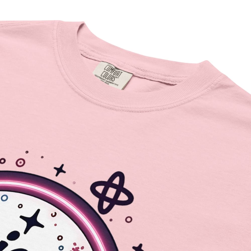 Pink t-shirt with atomic symbol and colorful design, featuring Comfort Colors label.