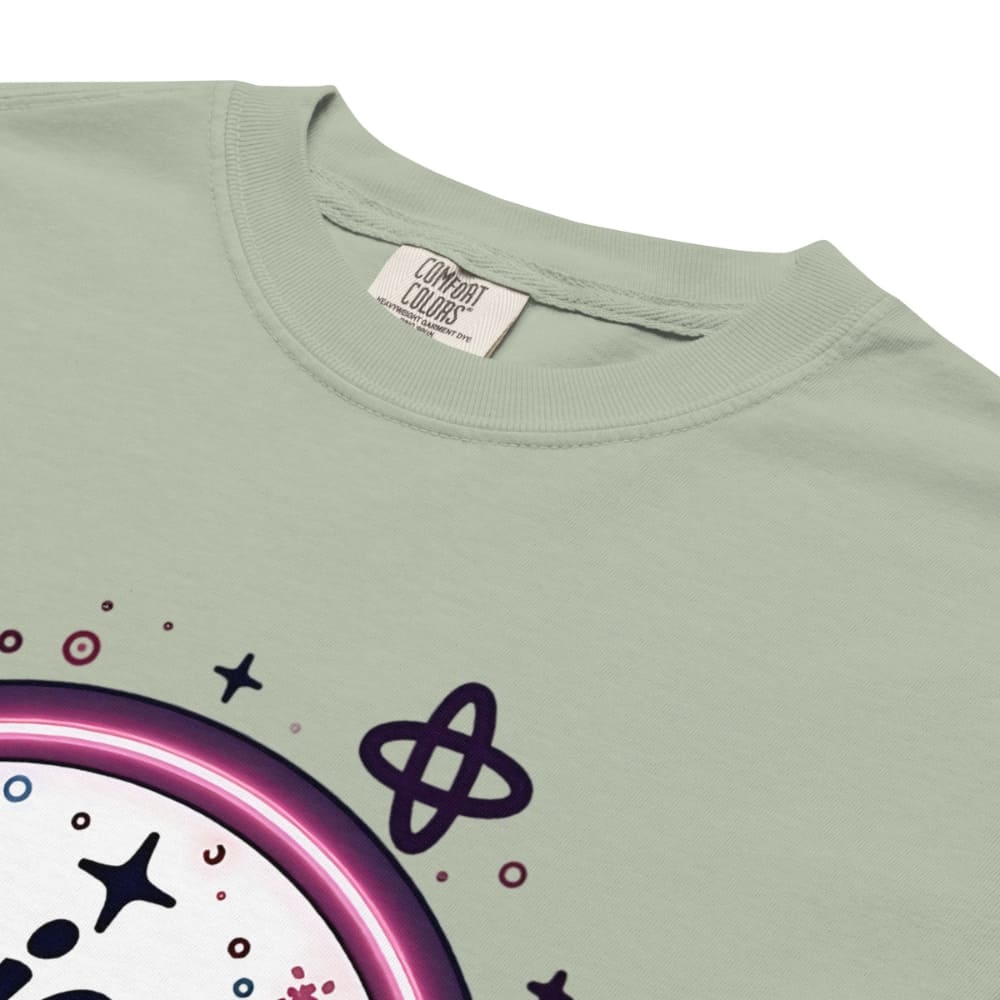 Light green t-shirt with atomic symbol design on a white background