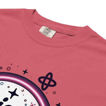 Pink t-shirt with atom symbol and colorful design on a white background