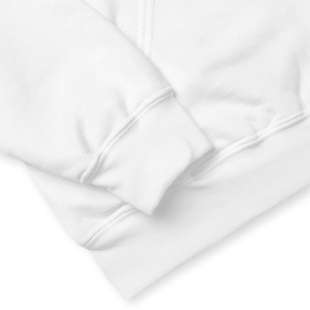 Close-up of a white hoodie with a focus on the hood and neckline.