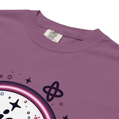 Purple t-shirt with atom symbol and colorful design on a white background
