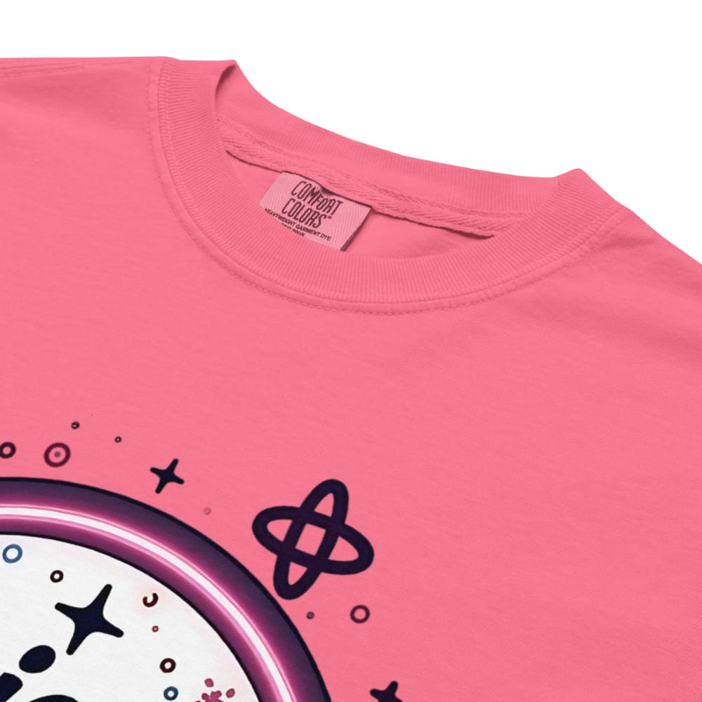 Pink t-shirt with atomic symbol design and 'Comfort Colors' label.