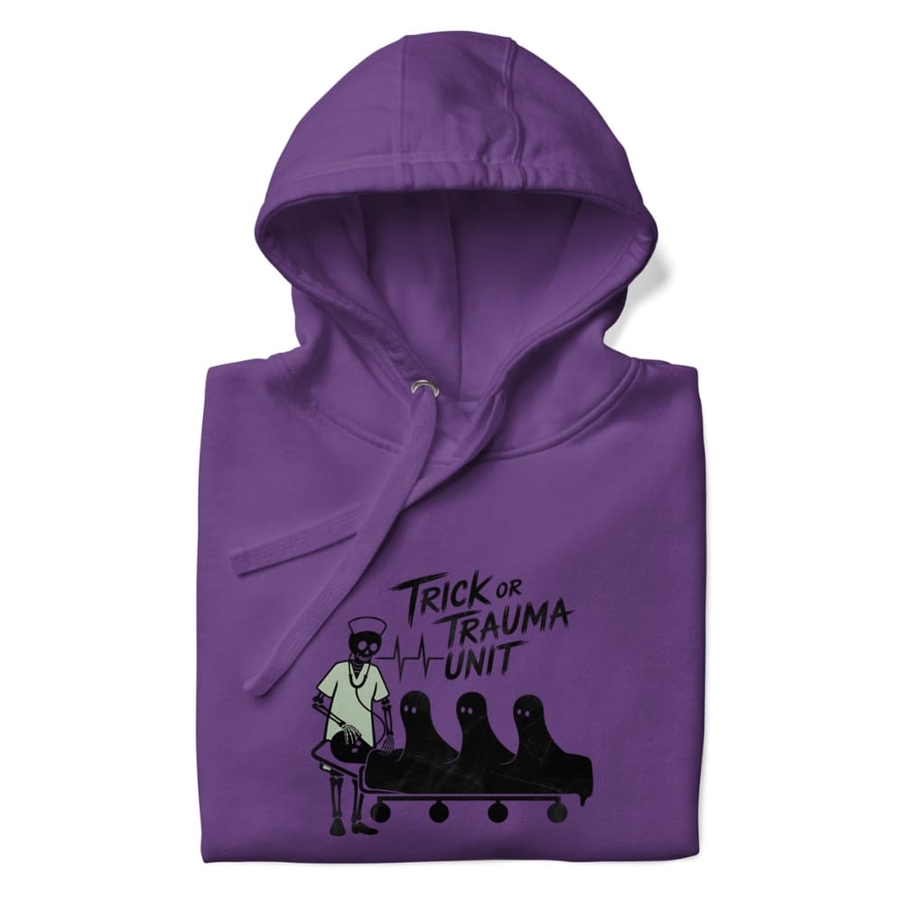 Purple hoodie with 'Trick or Trauma Unit' graphic on a white background