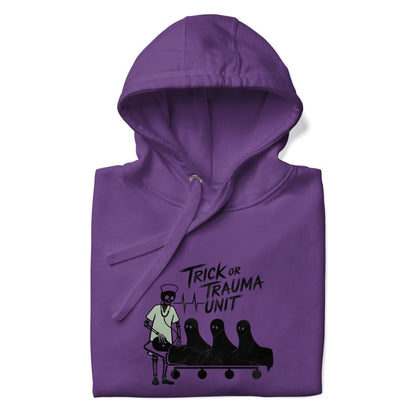 Purple hoodie with 'Trick or Trauma Unit' graphic on a white background