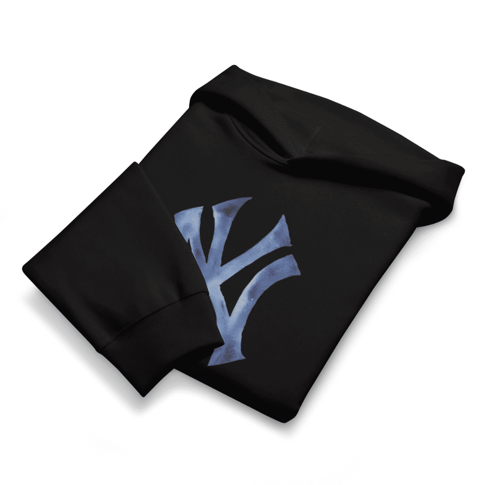 Black hoodie with a blue logo on a white background