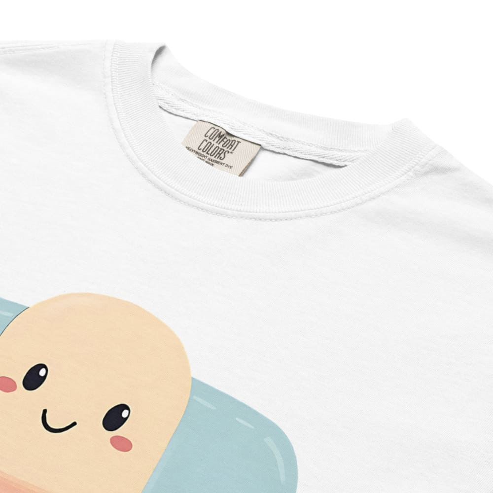 White t-shirt with a cartoon character design on a white background