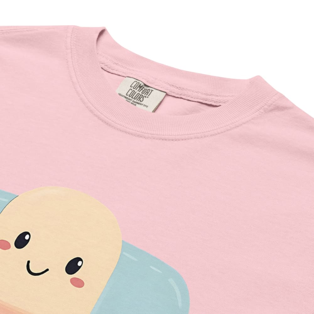 Pink t-shirt with a cartoon character design and 'Comfort Colors' label.