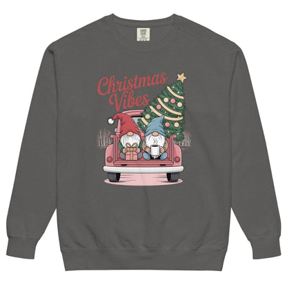 Gray sweatshirt with Christmas-themed design featuring gnomes and a tree on a white background