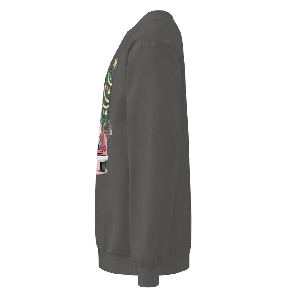 Gray sweatshirt with a colorful graphic on the sleeve against a white background