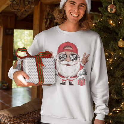 Person wearing a festive sweater with a cartoon character and holding a gift, standing in front of a decorated Christmas tree.