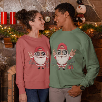 Two people wearing Christmas-themed sweatshirts with a Santa Claus design in a festive setting.