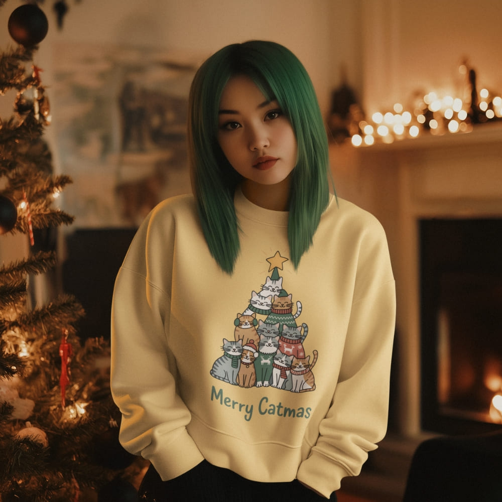 Person wearing a 'Merry Catmas' sweater in a cozy room with a Christmas tree and fireplace.