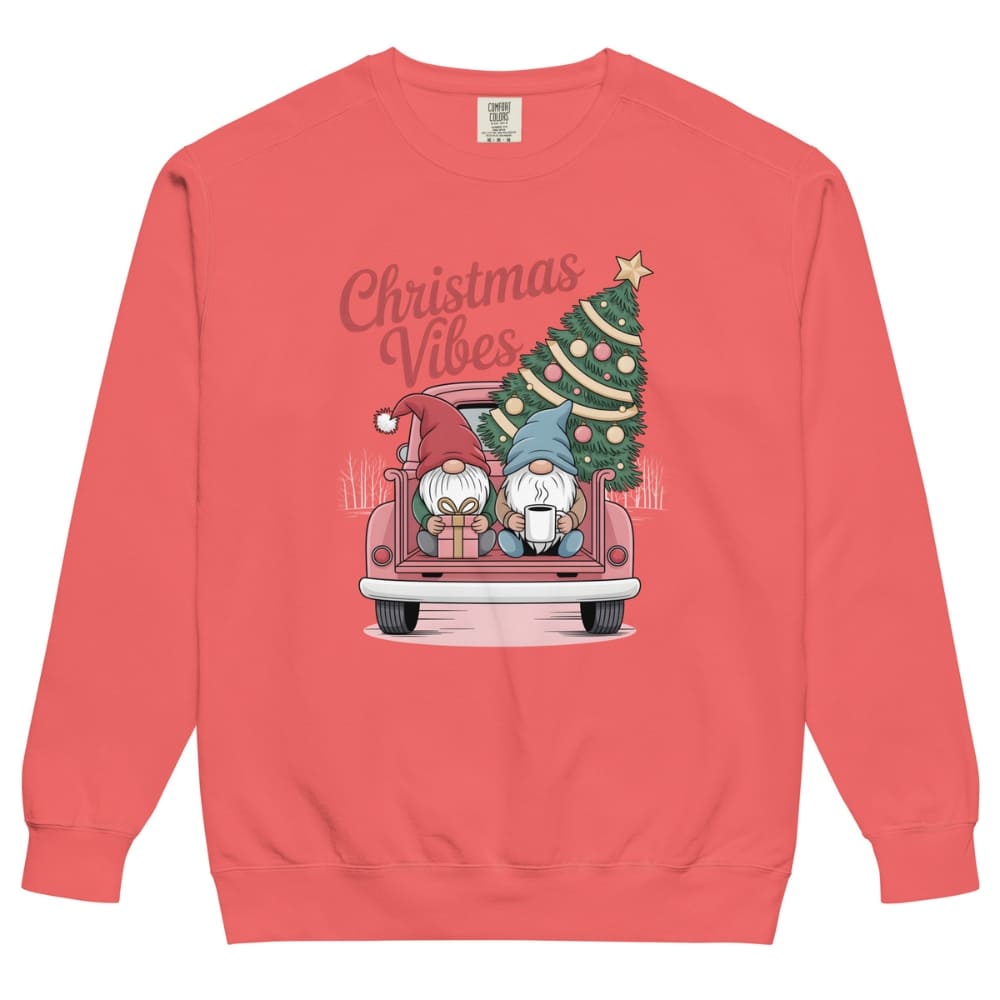 Red sweatshirt with Christmas-themed design featuring gnomes and a tree on a white background
