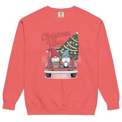 Red sweatshirt with Christmas-themed design featuring gnomes and a tree on a white background