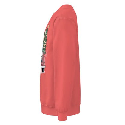 Red sweatshirt with a graphic design on the sleeve against a white background