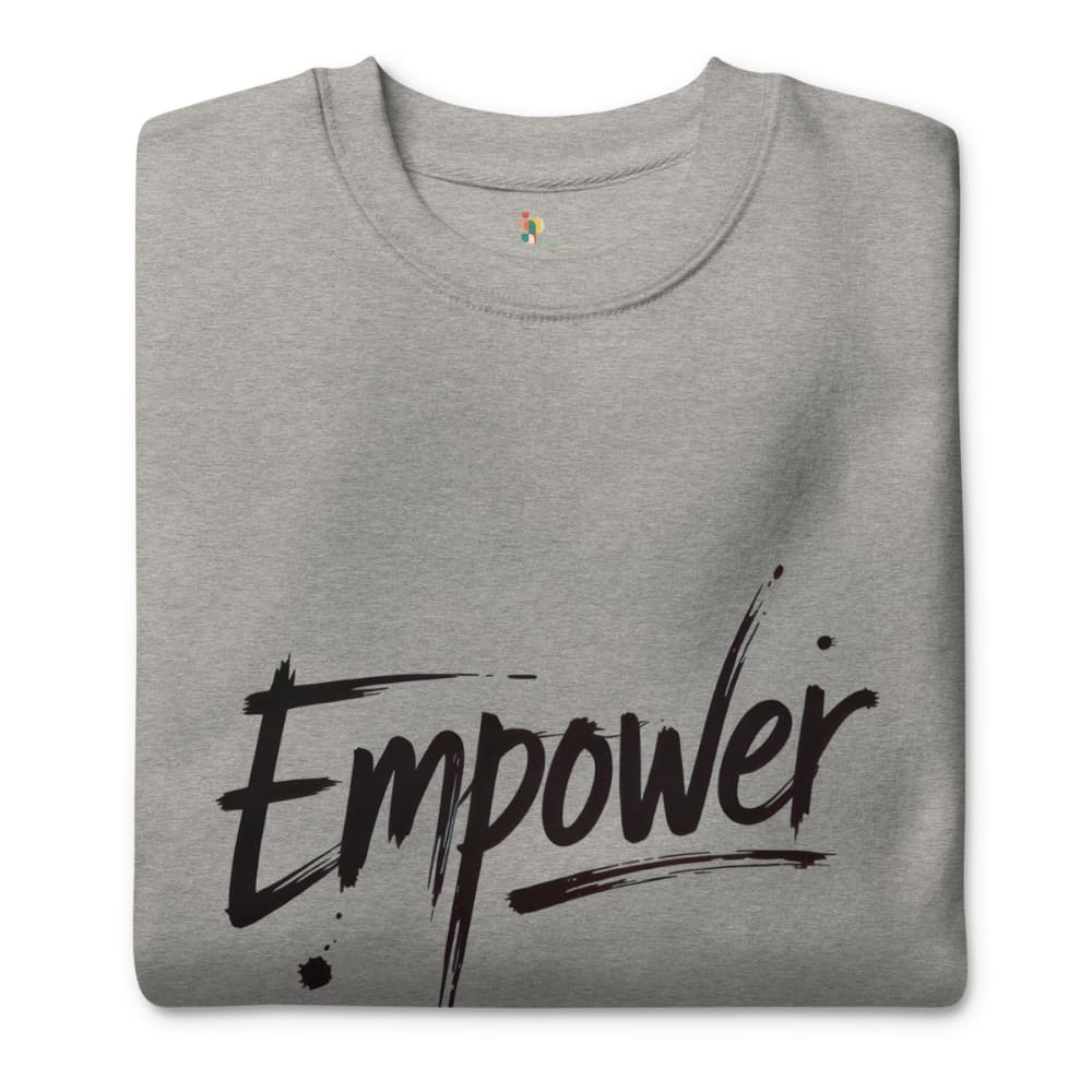 Gray sweatshirt with 'Empower' text on a white background