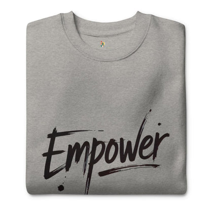 Gray sweatshirt with 'Empower' text on a white background