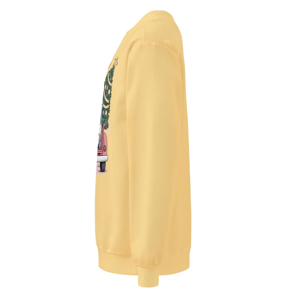 Yellow sweatshirt with a graphic design on the sleeve against a white background