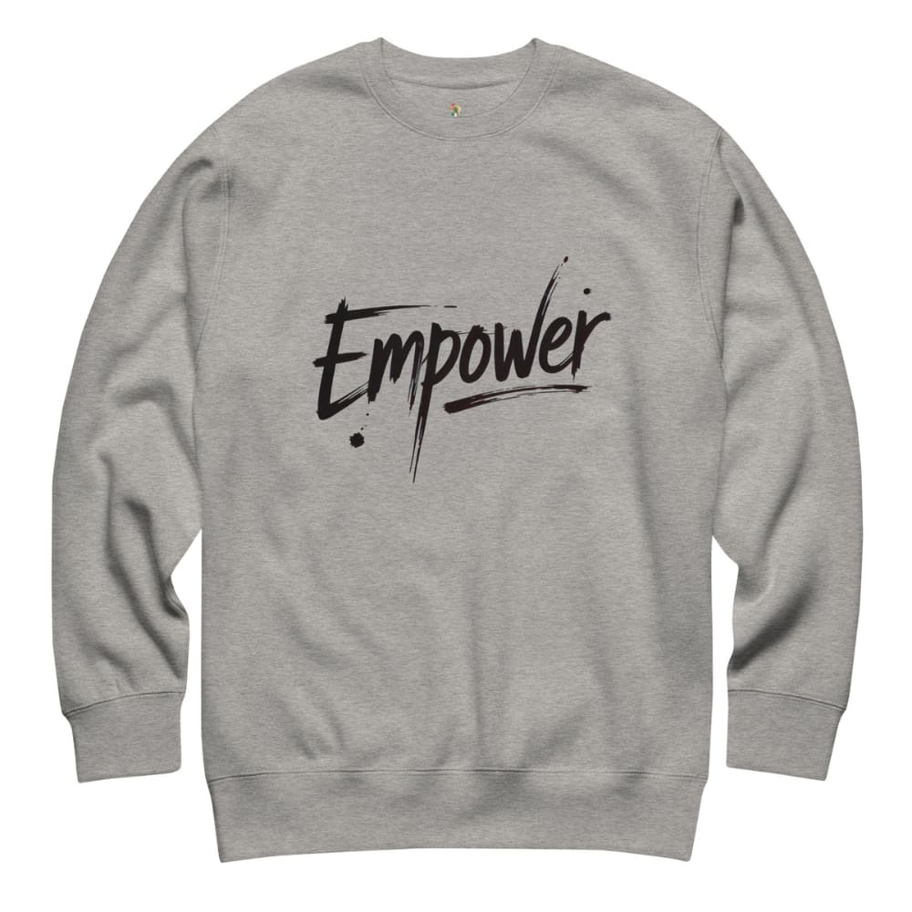 Gray sweatshirt with 'Empower' text on a white background