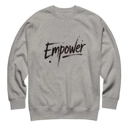 Gray sweatshirt with 'Empower' text on a white background
