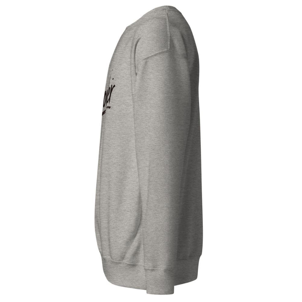 Gray sweatshirt with a brand logo on the sleeve against a white background