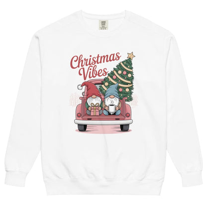 White sweatshirt with Christmas-themed design featuring gnomes and a tree, labeled 'Christmas Vibes'.
