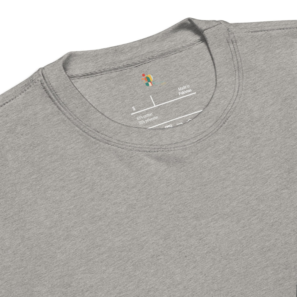 Gray t-shirt with a brand logo and text on the collar against a white background