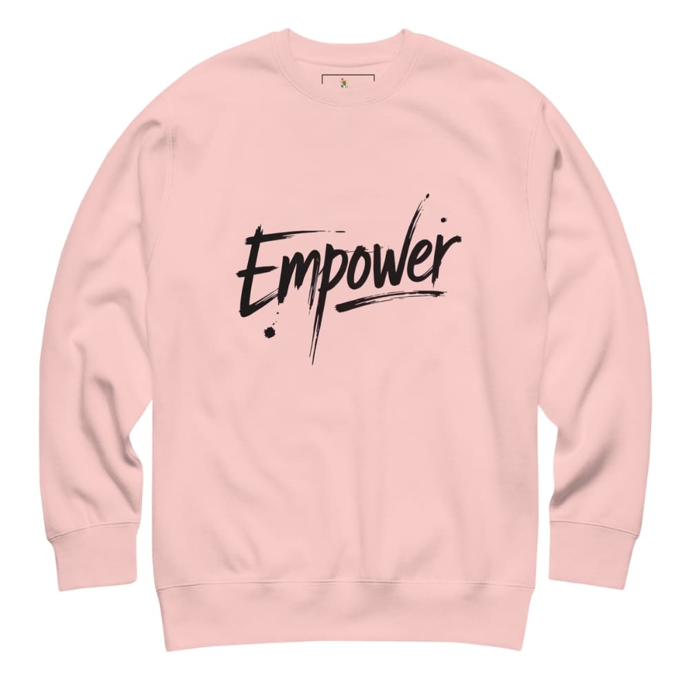 Pink sweatshirt with 'Empower' text on a white background