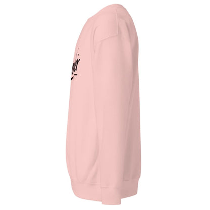 Pink sweatshirt sleeve with a brand logo on a white background