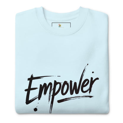 Light blue sweatshirt with 'Empower' text on a white background