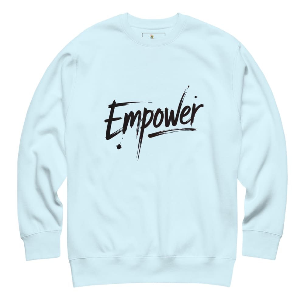 Light blue sweatshirt with 'Empower' text on a white background