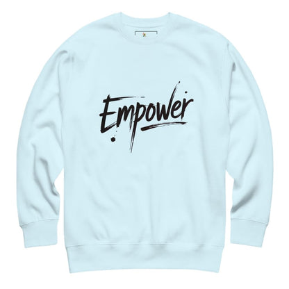 Light blue sweatshirt with 'Empower' text on a white background