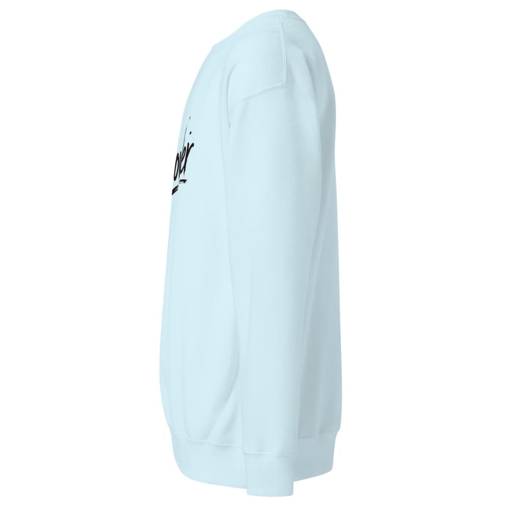 Light blue hoodie with a brand logo on the sleeve against a white background