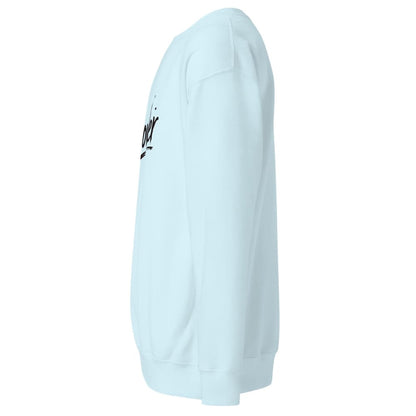 Light blue hoodie with a brand logo on the sleeve against a white background