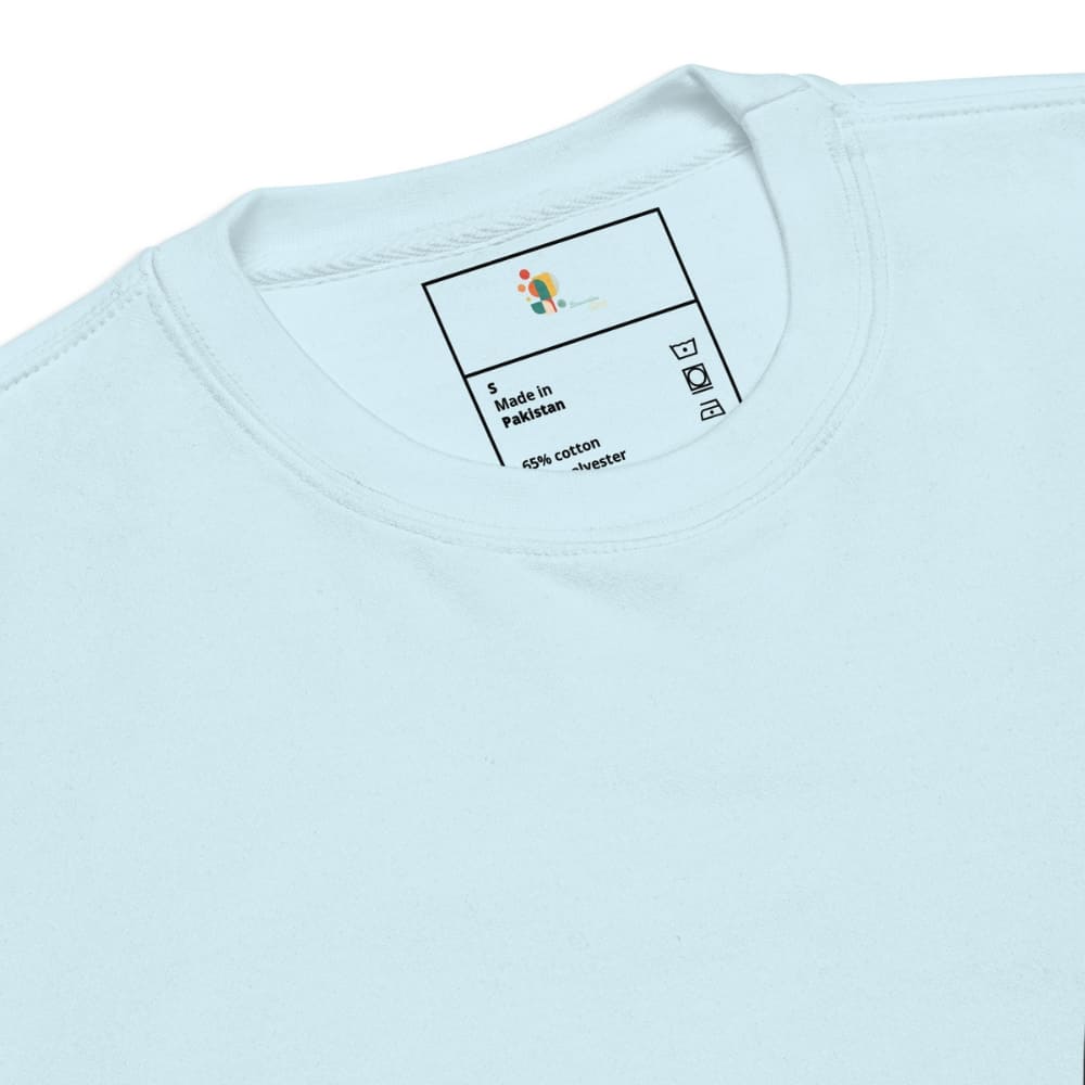 Light blue t-shirt with a label on the collar displaying garment information.