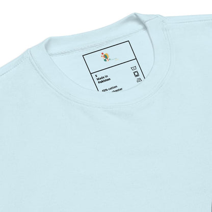 Light blue t-shirt with a label on the collar displaying garment information.